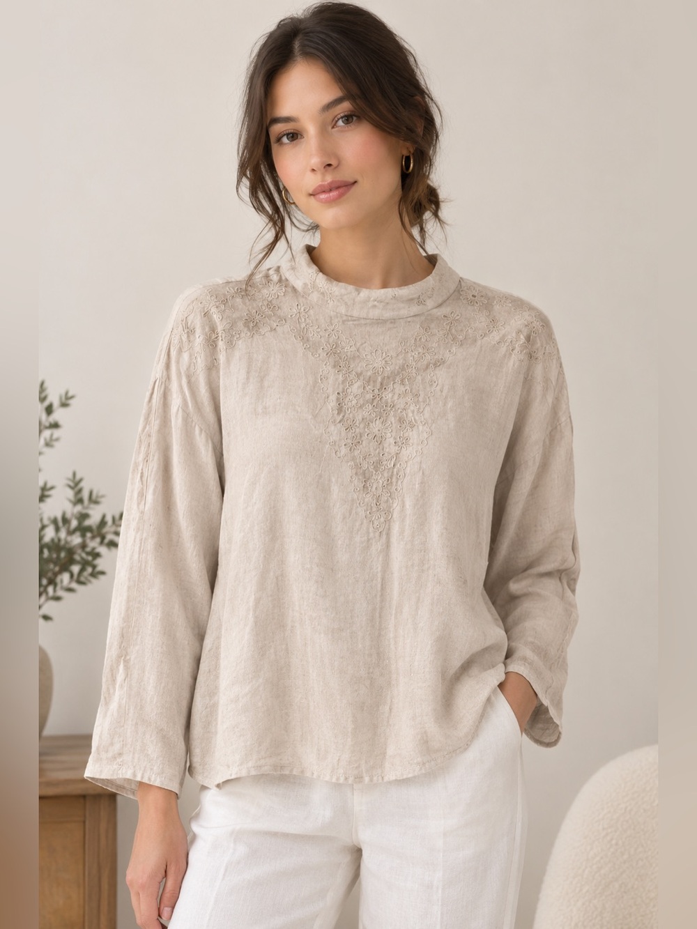 Zara Light Beige Embroidered Linen Blouse